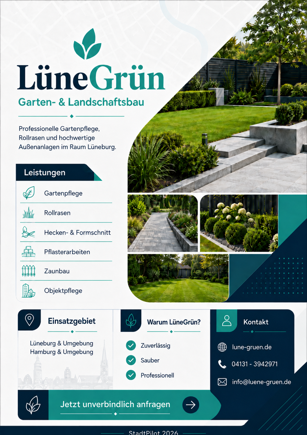 Beispiel-Firmenseite: LüneGrün – Garten- & Landschaftsbau in der StadtPilot-Broschüre